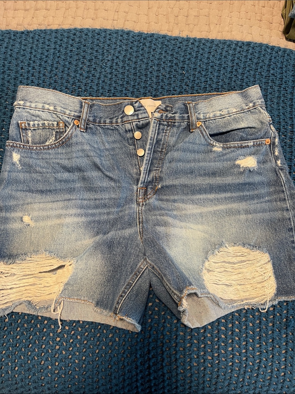 Dear John Light Blue Distressed High-Rise Jean Shorts